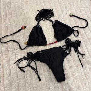 Black Strappy Triangle Bikini with Bead Accents